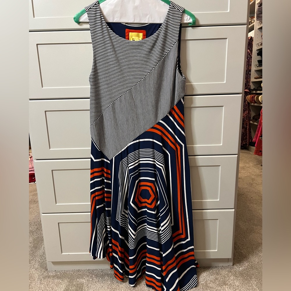 Maeve sleeveless asymmetrical dress with geometric print in Navy/Orange.